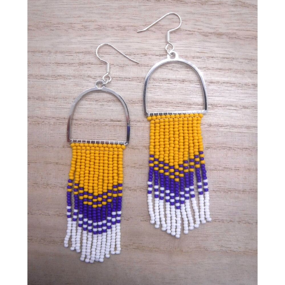 Earrings Beaded Silver w/ Yellow, Blue and White